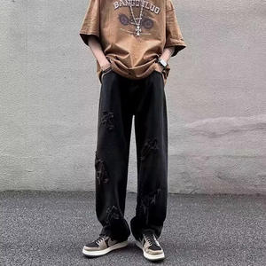 Jean slim noir de haute qualité pour homme, style motard à carreaux, éco-responsable, coupe évasée, motif 3D, décoration diamant, 100 % coton - Product Image 2