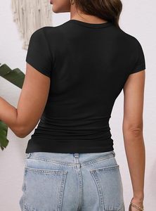 Women's Customized Colors Slim Fit Crop Breathable Polyester <b>Short</b> <b>Sleeve</b> T-Shirt Solid Pattern Knitted Casual Summer Wear - Product Image 2