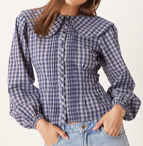 Camiseta de Mujer a Cuadros con Contraste Tejido, Informal, Otoñal, con Logotipo Personalizado, Venta Directa de Fábrica, 100% Algodón, Suave y Transpirable, Manga Larga - Product Image 3