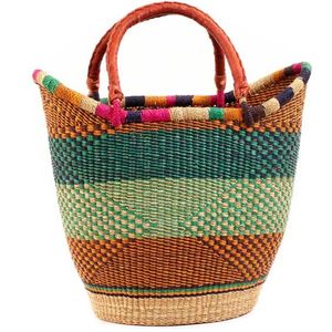 Wholesale Handcrafted Seagrass <b>Handbags</b> With Leather <b>Handles</b> Brown Green Stripe Woven Straw Tote Beach Bag OEM - Product Image 3
