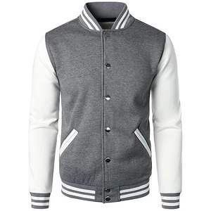 Men's Gray And White Varsity Jacket With PU Sleeves Regular Fit Casual Autumn Wear <b>Turn</b>-down Collar <b>Button</b> Closure - Product Image 1
