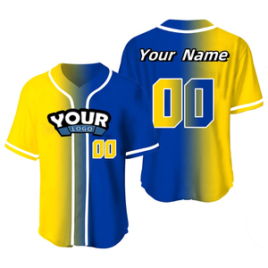 Camiseta de Béisbol Personalizada con Degradado Azul y Amarillo, Impresión Sublimada, Cierre de Botones, Manga Corta, Unisex, para Adultos - Product Image 1