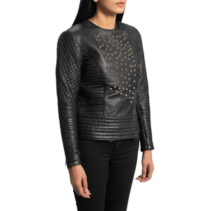 Chaqueta de Motociclista para Mujer, Negra, de Cuero Genuino, Acolchada, con Remaches, Cierre de Cremallera, Cuello Redondo - Product Image 3