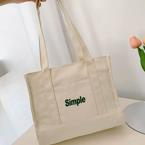 Reliable Source <b>Cream</b> White Canvas Tote <b>Bag</b> For Women Simple Green Letter Print Shopping School Office Travel <b>Shoulder</b> Carryall - Product Image 1