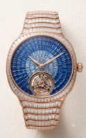 Montre H. Moser & Cie. Streamliner Tourbillon avec lunette sertie de diamants, cadran bleu carré en cristal, affichage analogique antique, fermoir déployant