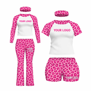 Ensemble de sport pour femme imprimé léopard avec logo personnalisé, tenue de fitness, ensemble de yoga, vêtements de sport, ensemble assorti, leggings, short, crop top - Product Image 5