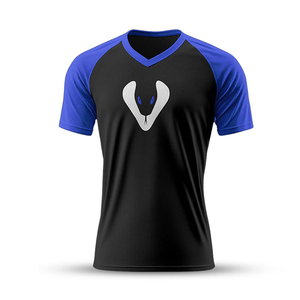 T-shirt unisexe col en V à manches raglan, imprimé par sublimation, séchage rapide, coupe sportive, motif noir et bleu, 100 % coton, coupe classique - Product Image 5