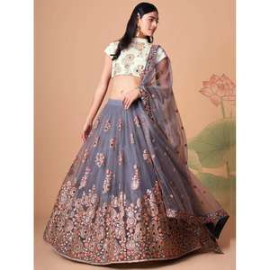 Robe de soirée grise attachante miroir filet de travail Lehenga Choli avec Dupatta - Product Image 6