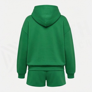 Ensemble sweat-shirt à capuche et short vert 2 pièces pour femme, coupe ample, décontracté, toutes saisons, couleur unie, en polaire - Product Image 2