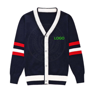 Cardigan en acrylique tricoté bleu marine pour homme, avec broderie rayée rouge et blanche, logo lettre grecque, manches longues, boutons sur le devant, pull pour homme et femme - Product Image 1