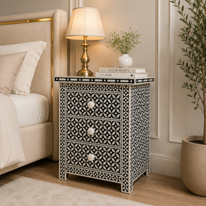 Indian Style Nightstand <b>Side</b> Table Carved Pattern Bedside Cabinet Three <b>Drawer</b> Accent Storage for Bedroom - Product Image 2