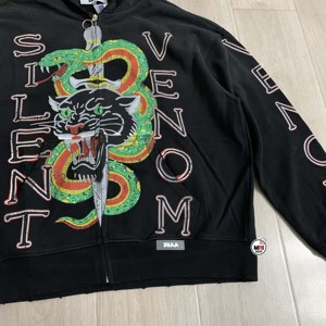 Sweat à capuche zippé brodé Silent Venom pour homme, coupe oversize, style streetwear, en molleton de coton noir personnalisé, tricoté pour l'hiver - Product Image 5