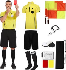 Ensemble d'uniforme d'arbitre de football unisexe jaune à manches courtes pour short noir, chaussettes, sifflet, drapeaux, cartons rouges/jaunes, nom du joueur - Product Image 1
