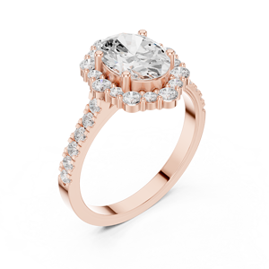 Élégante bague de promesse pour femme en or rose plaqué, sertie de moissanite ovale et de diamants, avec halo et bande pavée - Product Image 4