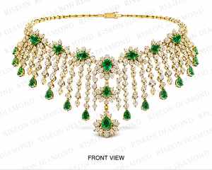 Collier ras-de-cou de mariée opulent en or jaune 18 carats avec pierres centrales en taille poire vert émeraude et pierres rondes brillantes en cascade - Product Image 3