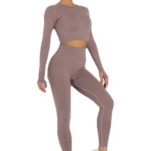 Breathable Solid Seamless Yoga Clothing Long Sleeve <b>Crop</b> <b>Top</b> High Waist Leggings Set with Front Logo Light Blue - Product Image 5
