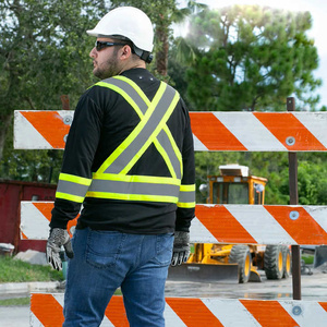 Men's High Visibility Reflective Long Sleeve <b>Work</b> Shirt <b>Black</b> with Yellow and Silver Stripes Polyester Material - Product Image 6