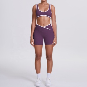 Purple Two-Piece Yoga Set Racerback <b>Crop</b> <b>Top</b> High Waist Shorts Seamless Contrast Binding Four-Way Stretch - Product Image 1