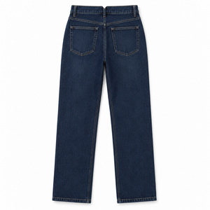 Jean en denim taille haute à jambe droite pour femme avec ceinture arrière à encoche en V, Indigo foncé - Product Image 2