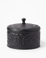 Boîte de rangement personnalisée en métal noir gaufré pour fruits secs et dates, avec motif baroque, support pour collations