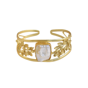 Bracelet manchette tendance en perles d'eau douce baroques, plaqué or 24 carats, serti de pierres, motif floral, pour anniversaire - Product Image 5