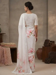 Elegante Saree de Seda y Rayón con Estampado Floral Blanco, Blusa Bordada, Ropa de Boda para Mujer, Estilo India, Pakistán, Bollywood, Bengala Occidental - Product Image 3