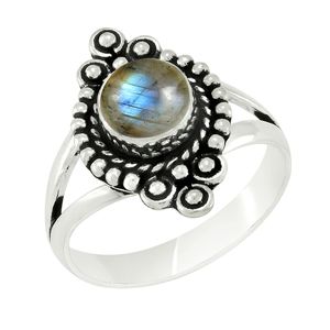 Bague vintage en argent sterling oxydé avec serti clos et pierre précieuse ronde en lapis-lazuli pour femme - Product Image 6