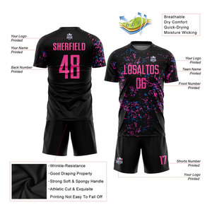 ชุดฟุตบอลแบบซับลิเมชั่นสีดำชมพูฟ้าอ่อน  แบบกำหนดเองได้  ชุดกีฬาฟุตบอลระบายอากาศได้ดี สำหรับทีม - Product Image 6