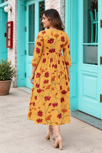 Floral Print V-Neck Midi <b>Dress</b> Three Quarter Sleeve Boho Style A-Line <b>Loose</b> Fit <b>Summer</b> Casual <b>Dress</b> - Product Image 2