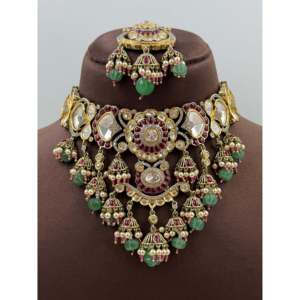 Meera Moissanite Victorian Gold Plated Choker Necklace and Earring Set - Product Image 2