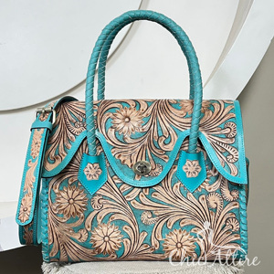 Sac fourre-tout en cuir véritable turquoise Western 2026 pour femme, fait main, avec motifs floraux gravés et bandoulière - Product Image 1