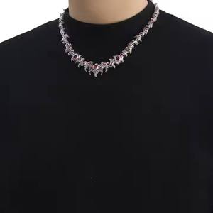 Mens Punk Style 925 Silver Rhodium Plated <b>Statement</b> <b>Necklace</b> with Red Crystal Rhinestones Spike Design Everyday Wear for Sale - Product Image 1