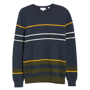 Pull en tricot à col rond pour homme, à rayures, manches longues, décontracté, coupe classique, rayures bleu marine, jaune, vert, blanc - Product Image 1