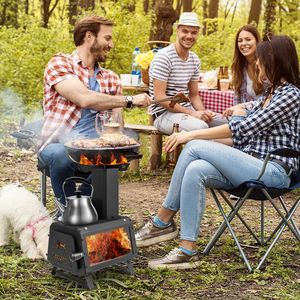 Réchaud de camping à bois portable noir avec 2 positions de cuisson pour chauffage extérieur et accessoires - Product Image 2
