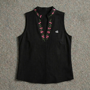 Chemisier sans manches brodé pour femme, col en V floral, col mandarin, haut décontracté, personnalisable avec logo, vêtement de boutique, meilleure vente - Product Image 3