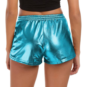 Teal Cyan Metallic Shorts Women Elastic Smocked Drawstring Waist Side Pocket Shiny Rave <b>Dance</b> Festival - Product Image 3