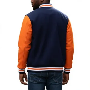 Men's Navy <b>Orange</b> Varsity Jacket <b>Fleece</b> Lined Casual Bomber Coat Stand Collar Regular Fit Autumn Wear Embroidery - Product Image 3