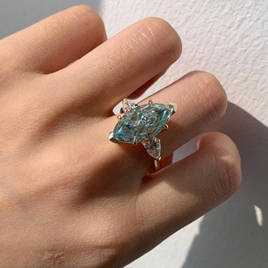 Cyan Blue Moissanite Marquise Cut Solitaire 6 Prong <b>Ring</b> Yellow Gold 3 Stone <b>Ring</b> 10K Solid Gold Wedding <b>Ring</b> <b>Cz</b> Pear Side Stone - Product Image 2