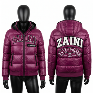 Premium 380 GSM Nylon Polyester Women Puffer Jacket Purple Quilted Panel Hooded Embroidered Chenille Patch Custom Logo OEM - Product Image 1