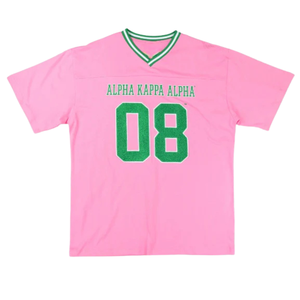 เสื้อยืดคอวีผ้าเชนิลล์ของชมรมนักเรียนหญิง AKA Est. 1908 เสื้อเชิ้ตผ้าฝ้ายผู้หญิงสไตล์ฟุตบอลสีชมพูสีเขียวสีขาวลายใบไอวี่ - Product Image 1