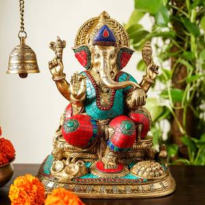 Sculpture de Ganesha en laiton EOB International, design Art Déco, ensemble de 3 pièces, décoration religieuse artisanale pour le salon - Product Image 2