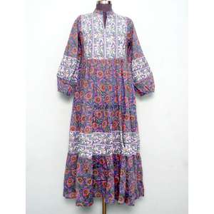 Vestido Maxi de Algodón 100% con Estampado de Bloques Suaves y Mangas Abullonadas para Mujer - Ropa Formal Elegante para Fiestas - Product Image 1