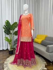 ชุดเย็บปักถักร้อยและผ้าลายเรขาคณิตเย็บด้านบนพร้อมพลาสโซ่และงานหนัก georgette dupatta พร้อมที่จะสวมใส่ - Product Image 3