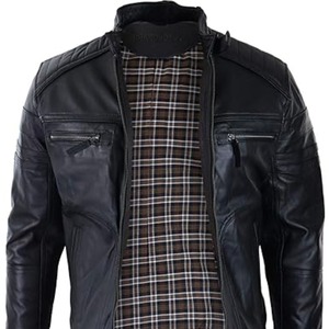 เสื้อแจ็คเก็ตหนังแท้ 100% แบรนด์ High Street Custom สำหรับผู้ชาย แบบมีซิป คอตั้ง ผ้าแคนวาสสำหรับฤดูหนาว มีกระเป๋า  ย้อมสีพื้น  บริการ OEM - Product Image 4