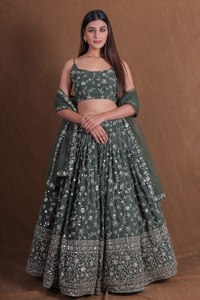 <b>Green</b> Floral Embroidered Lehenga Choli Sequin Zari Dupatta Wedding Party Dress for Women - Product Image 1