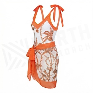 Ensemble 2 pièces imprimé palmiers oranges avec body croisé à bretelles et jupe portefeuille pour femme, tenue de plage - Product Image 3
