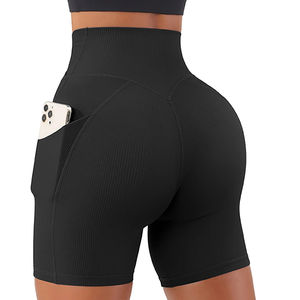 Shorts de yoga taille haute élastique pour femme, toutes tailles, OEM, couleur unie, compression, effet froncé fessier, contrôle du ventre, Spandex/Nylon - Product Image 2