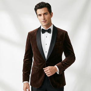Espresso Chocolate Brown <b>Velvet</b> <b>Blazer</b> for Men Black Satin Shawl Collar Single Button Smoking Jacket Lounge Dinner Look - Product Image 6