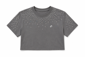 Haut court gris orné de strass, à manches courtes, col rond perlé, décontracté, pour femme, avec détails cloutés scintillants - Product Image 3