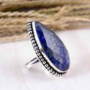 Anillo de Plata SHYAM JEWELRS con Lapislázuli en Forma de Lágrima, Corte Rosa, Piedra Azul, Diseño Vintage Tribal con Borde de Cuentas, Estilo Boho Hippie - Product Image 2